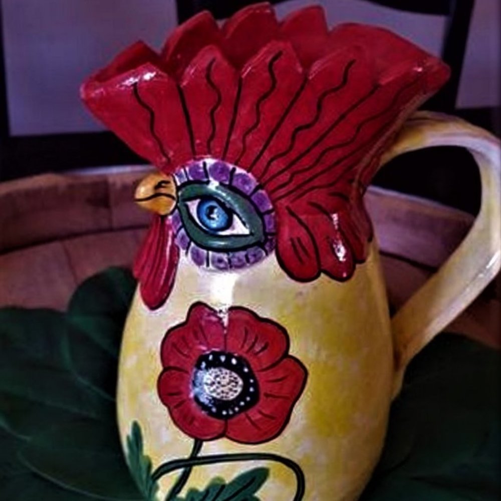 Mexican Pottery Pitcher Rooster Signed Primitive Folk Art Hand Painted